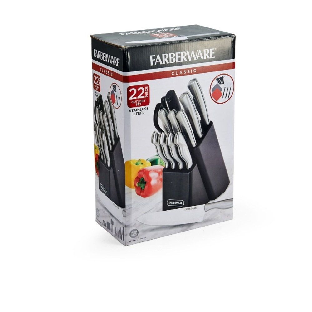 22 Piece Stainless Steel Knife Set w/ Storage Block Cutting Mats Farberware NEW